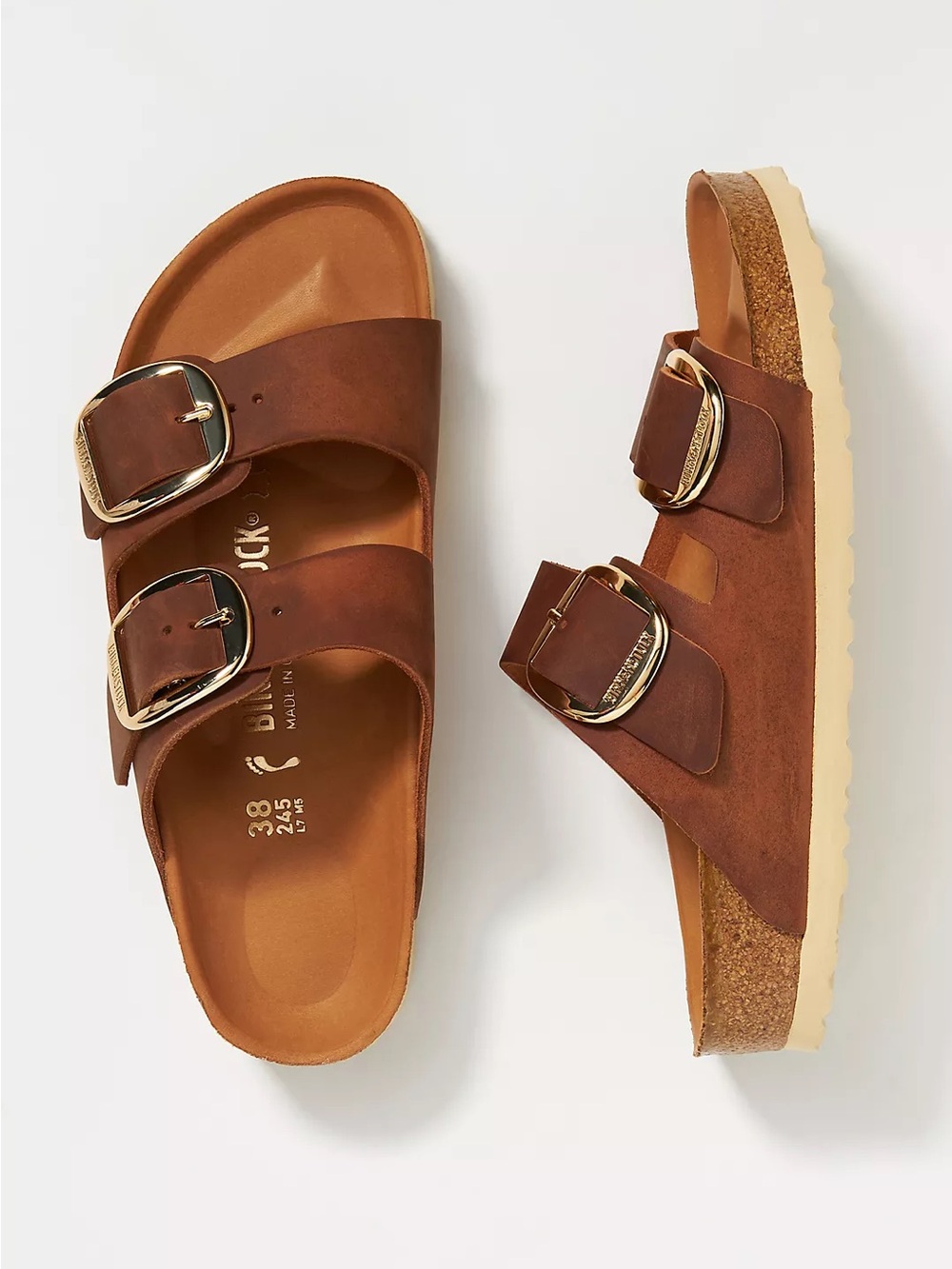 New Birkenstock Arizona Big Buckle Nubuck Sandals Cognac - Picture 1 of 7